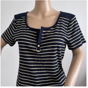 Lauren Ralph Lauren Knit Top Navy Blue Metallic Gold Stripes size L